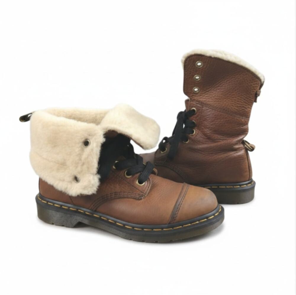 DR. MARTENS Aimilita Fur Lined Grizzly Leather Combat Boots Women 9 Brown Trendy